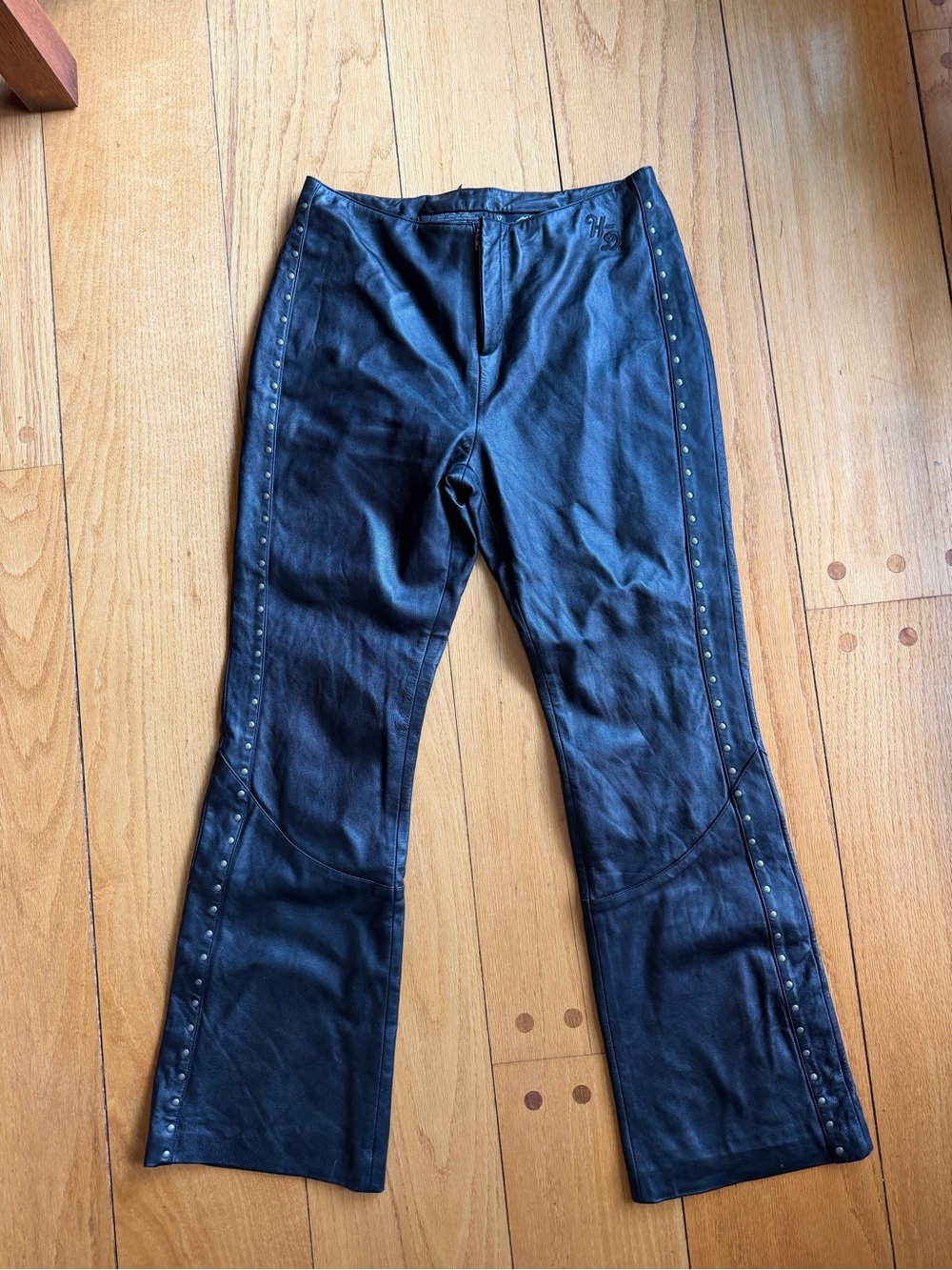 Harley-Davidson Black Leather Flare Jeans with Stud Trim